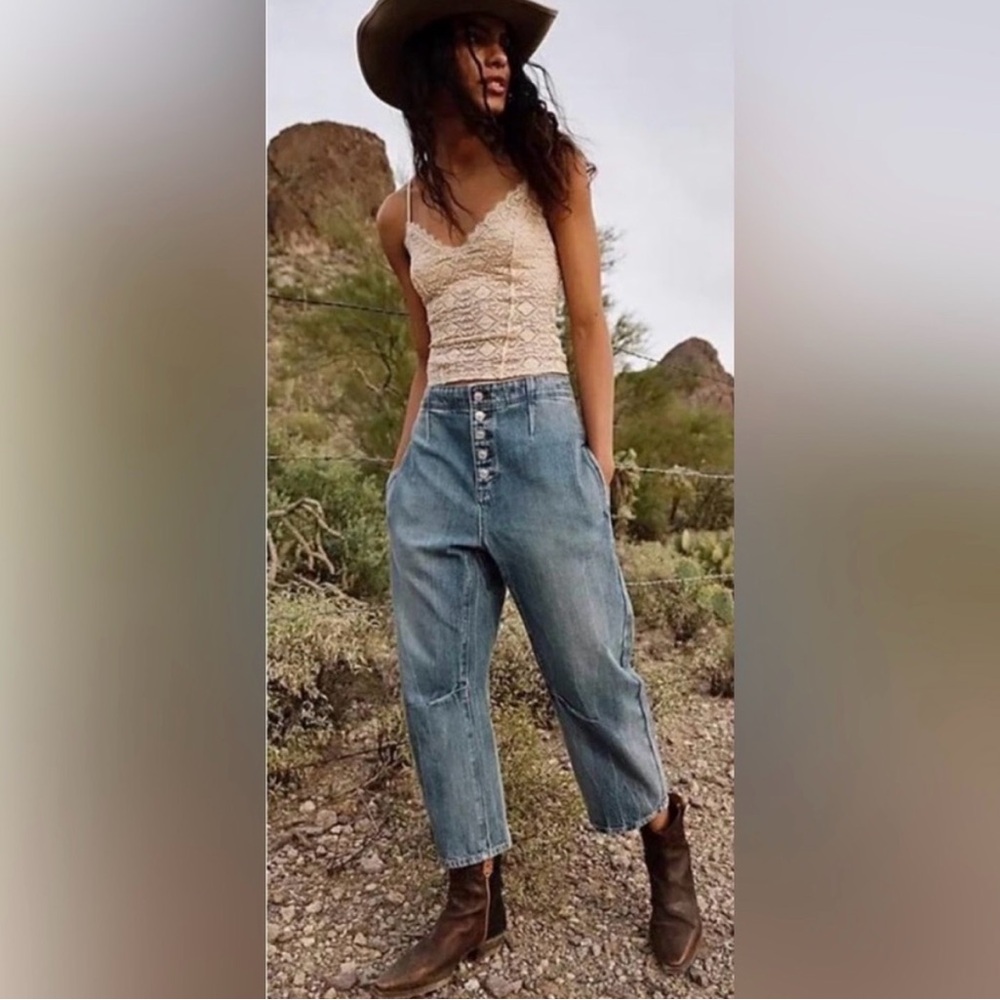 We The Free Button-Fly Cropped Boyfriend Jeans in Light Blue